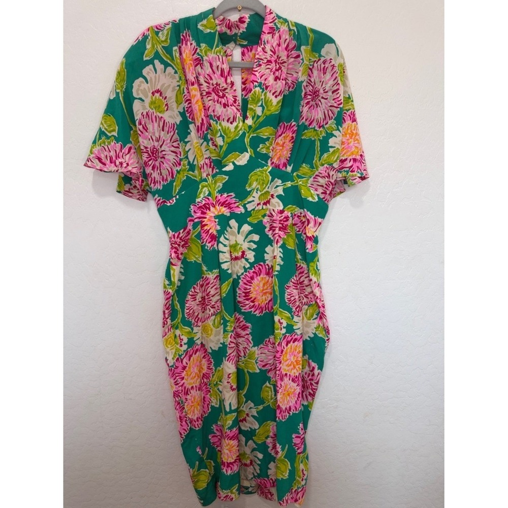 Carmen Marc vintage women's floral silk multi green sz 14 v-neck 80s bright midi
